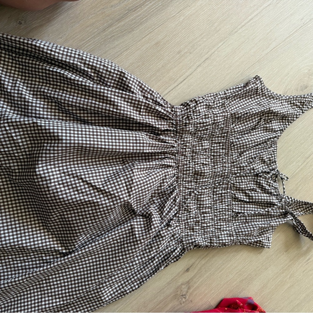 Smocked Gingham Sundress in Brown and White